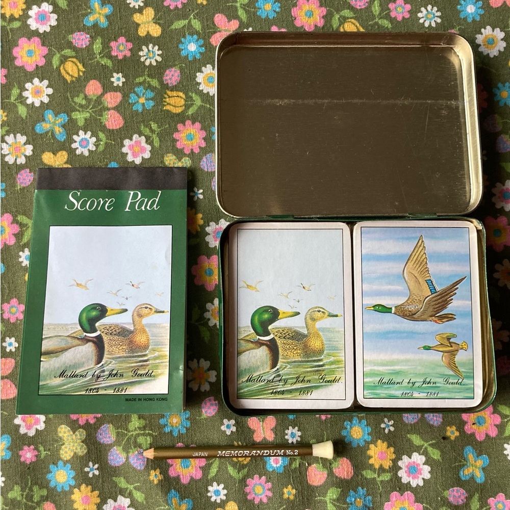 1984 Vintage John Gould Mallard Bridge Set: Tin, Playing Cards, & Score Pad!